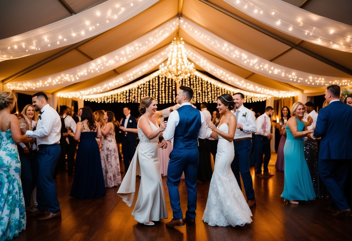 A festive wedding reception winding down, with guests mingling and dancing under the glow of twinkling lights as the evening comes to a close
