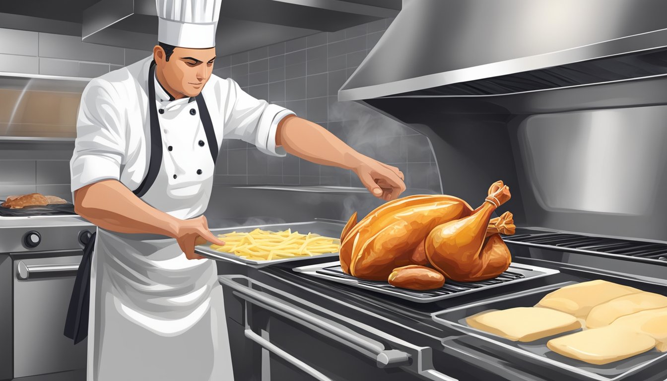 A chef carefully reheats fontina and prosciutto stuffed chicken in a preheated oven, ensuring even heating for safety and quality