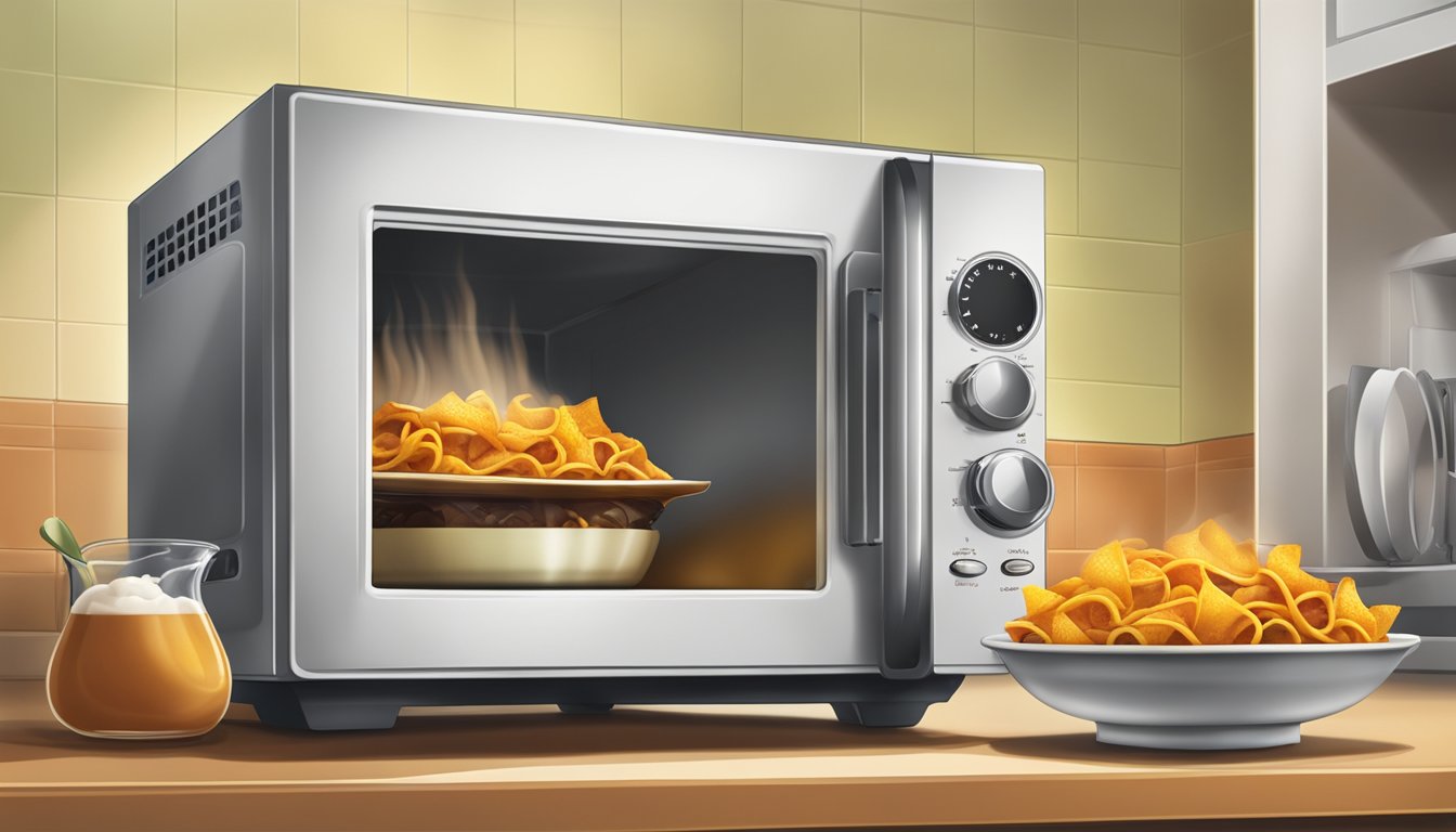 A microwave with a plate of frito pie inside, steam rising from the hot food