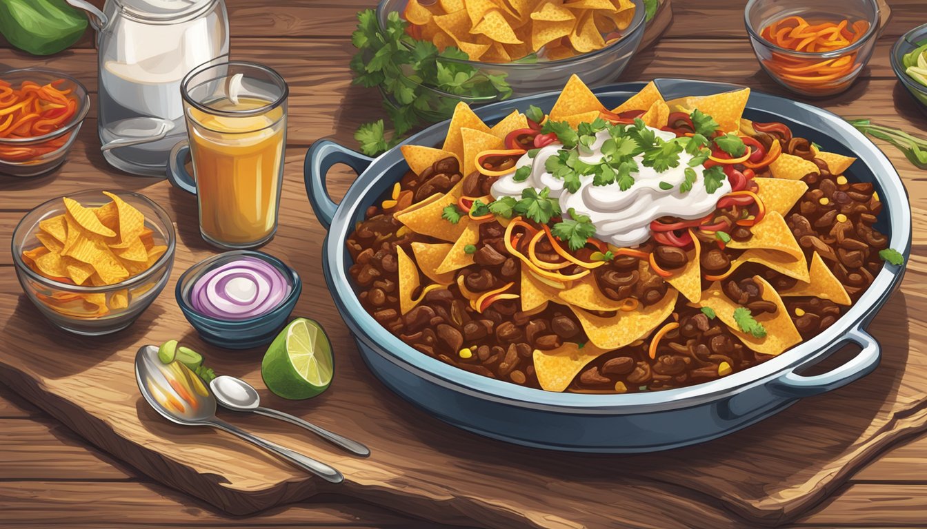 A steaming hot frito pie sits on a rustic wooden table, surrounded by colorful garnishes and a spoon ready for serving