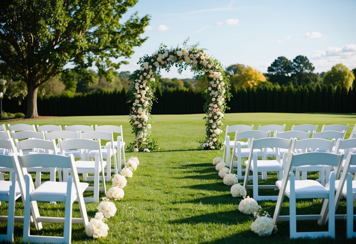 A sunny outdoor wedding ceremony with a floral arch and rows of white chairs set up on a grassy lawn