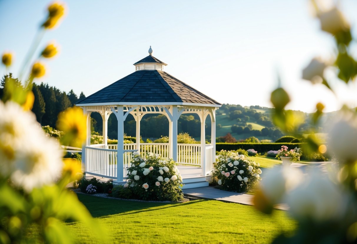 A sunny outdoor wedding venue with a gazebo, surrounded by blooming flowers and a picturesque landscape