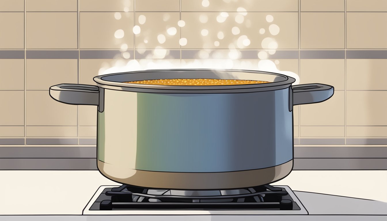 A pot of French lentil soup being gently reheated on a stovetop, steam rising from the bubbling liquid