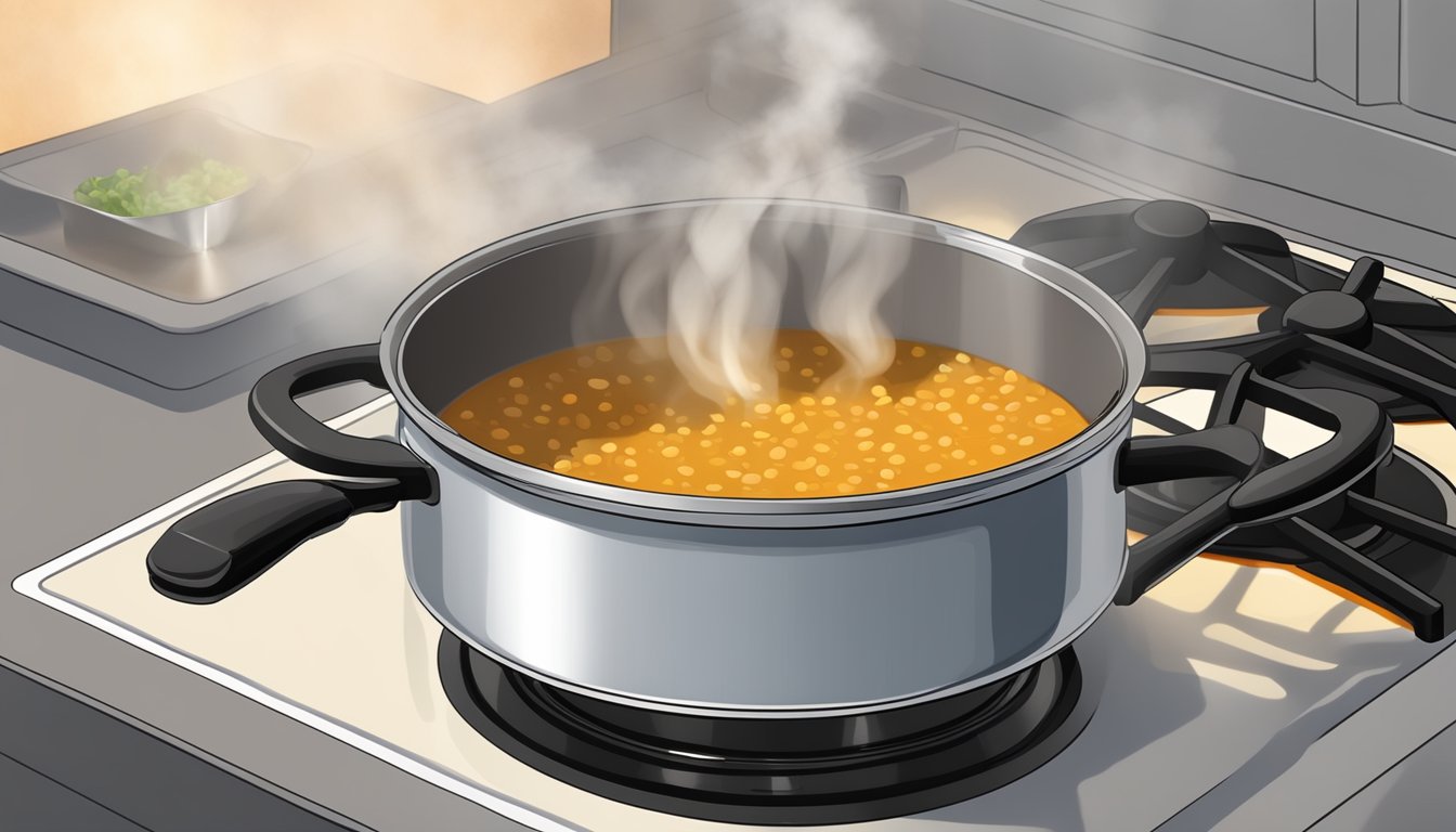 A steaming pot of French lentil soup being gently reheated on a stovetop, with fragrant steam rising and the rich colors of the soup visible through the pot