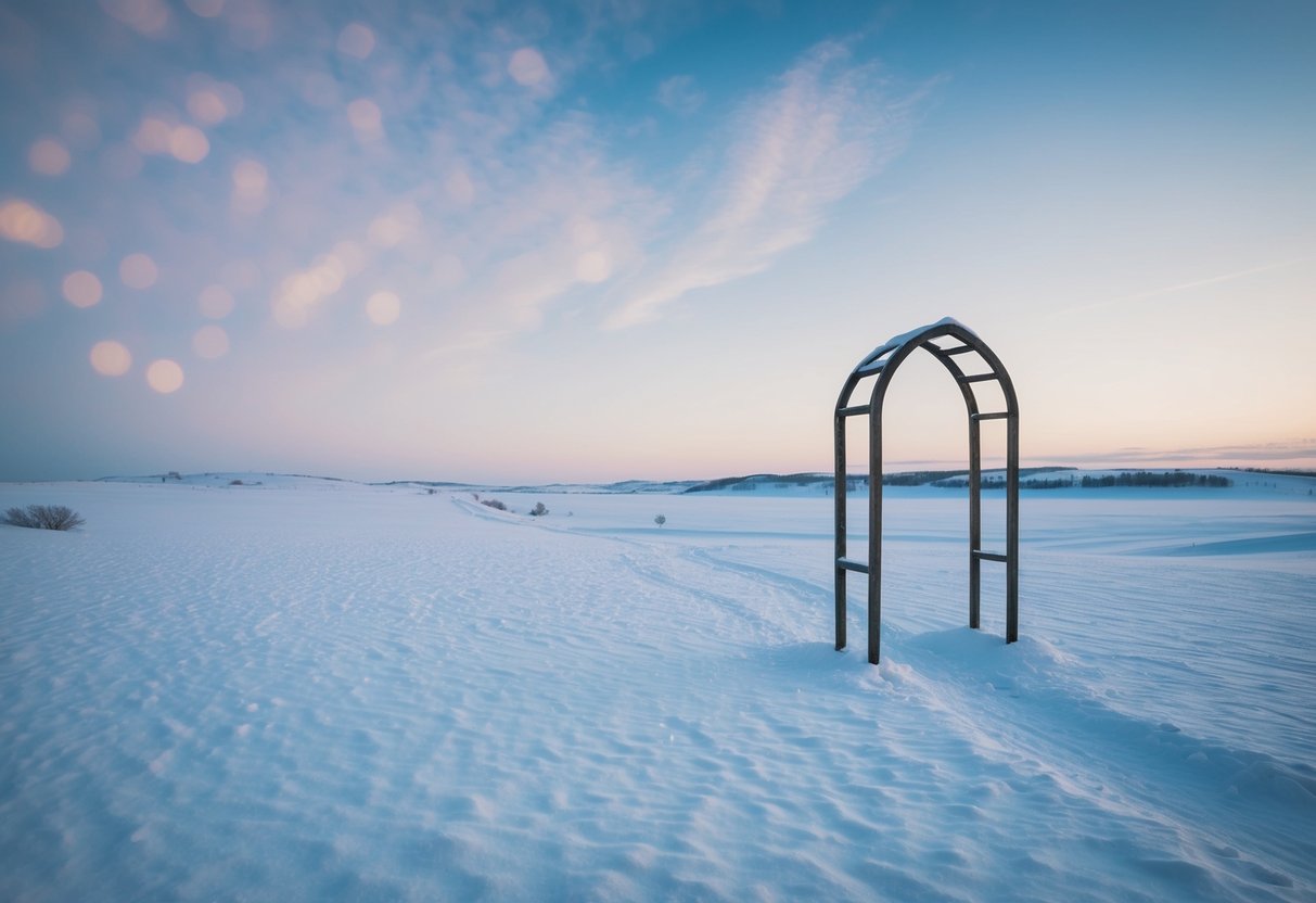 A desolate, snow-covered landscape with a solitary, abandoned wedding arch