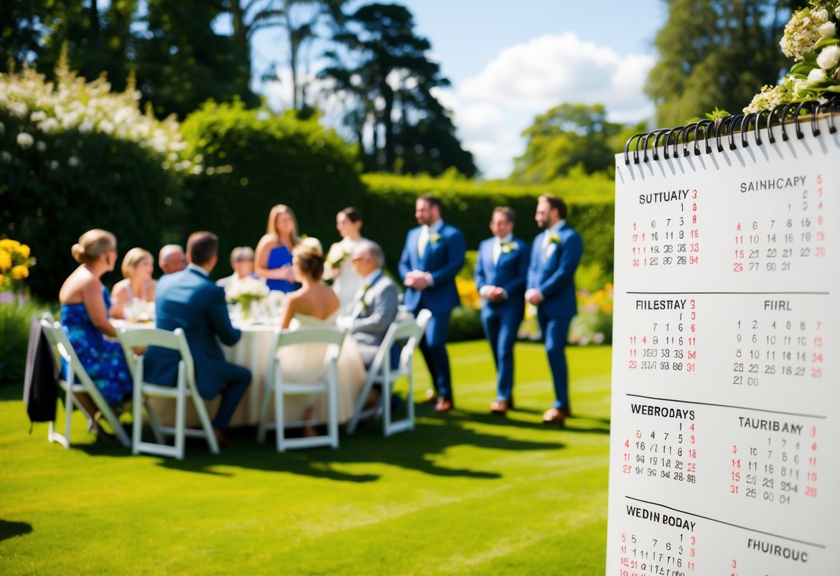 A sunny outdoor wedding with guests enjoying a garden setting, while a nearby calendar shows weekends and holidays circled