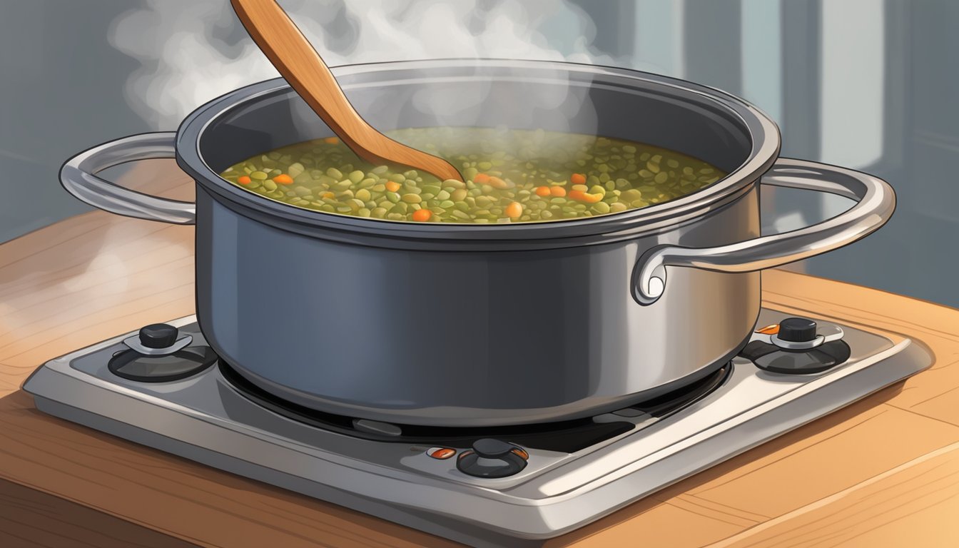 A pot of French lentil soup on a stovetop, steam rising as it heats. A wooden spoon rests on the edge of the pot