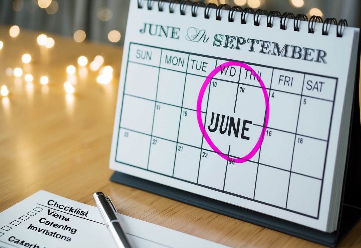 A calendar with a circle around a date in June or September. A checklist with items like venue, catering, and invitations