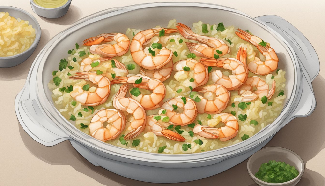 A microwave-safe dish with a bed of garlic butter shrimp arranged in a single layer, covered with a microwave-safe lid