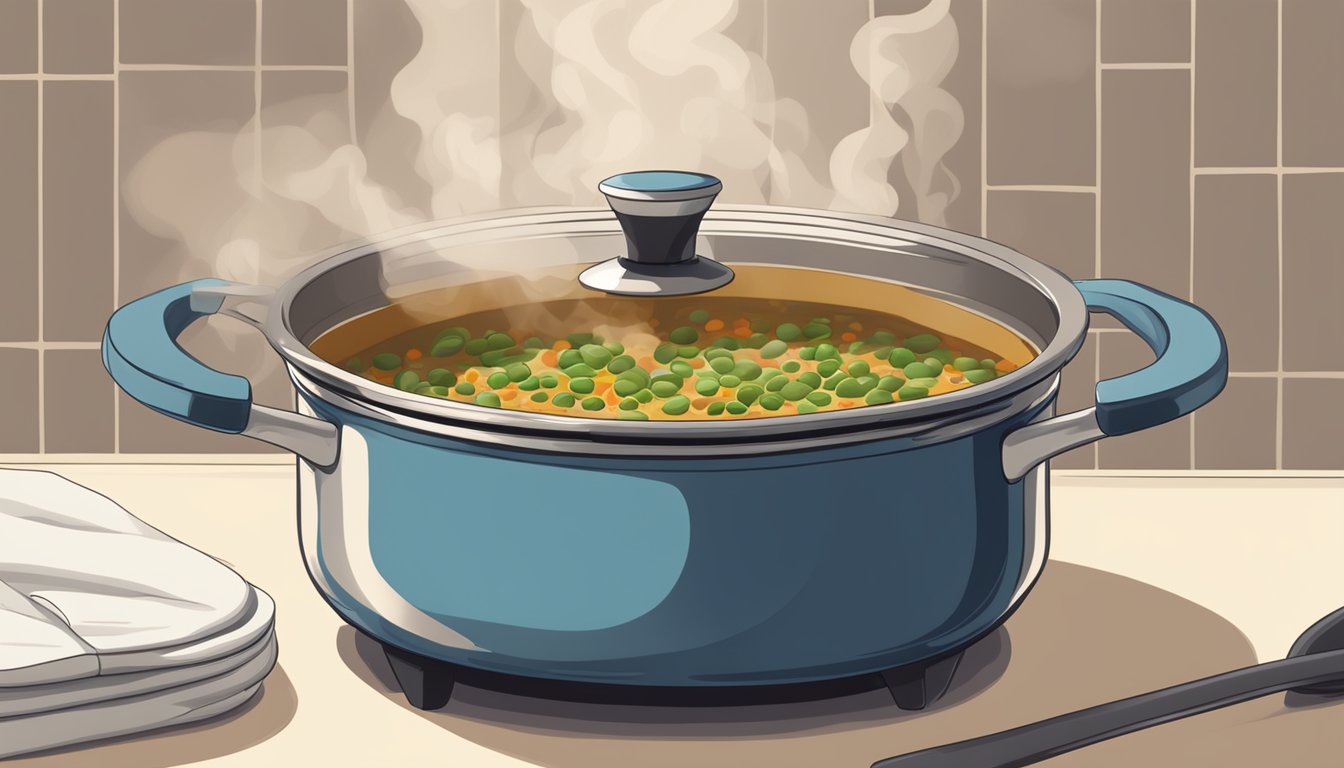 A pot of French lentil soup simmering on a stovetop, steam rising from the surface