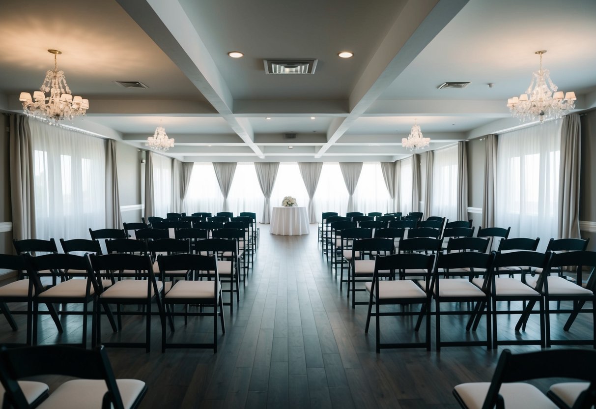 A deserted wedding venue on a Monday, with empty chairs and no guests in sight