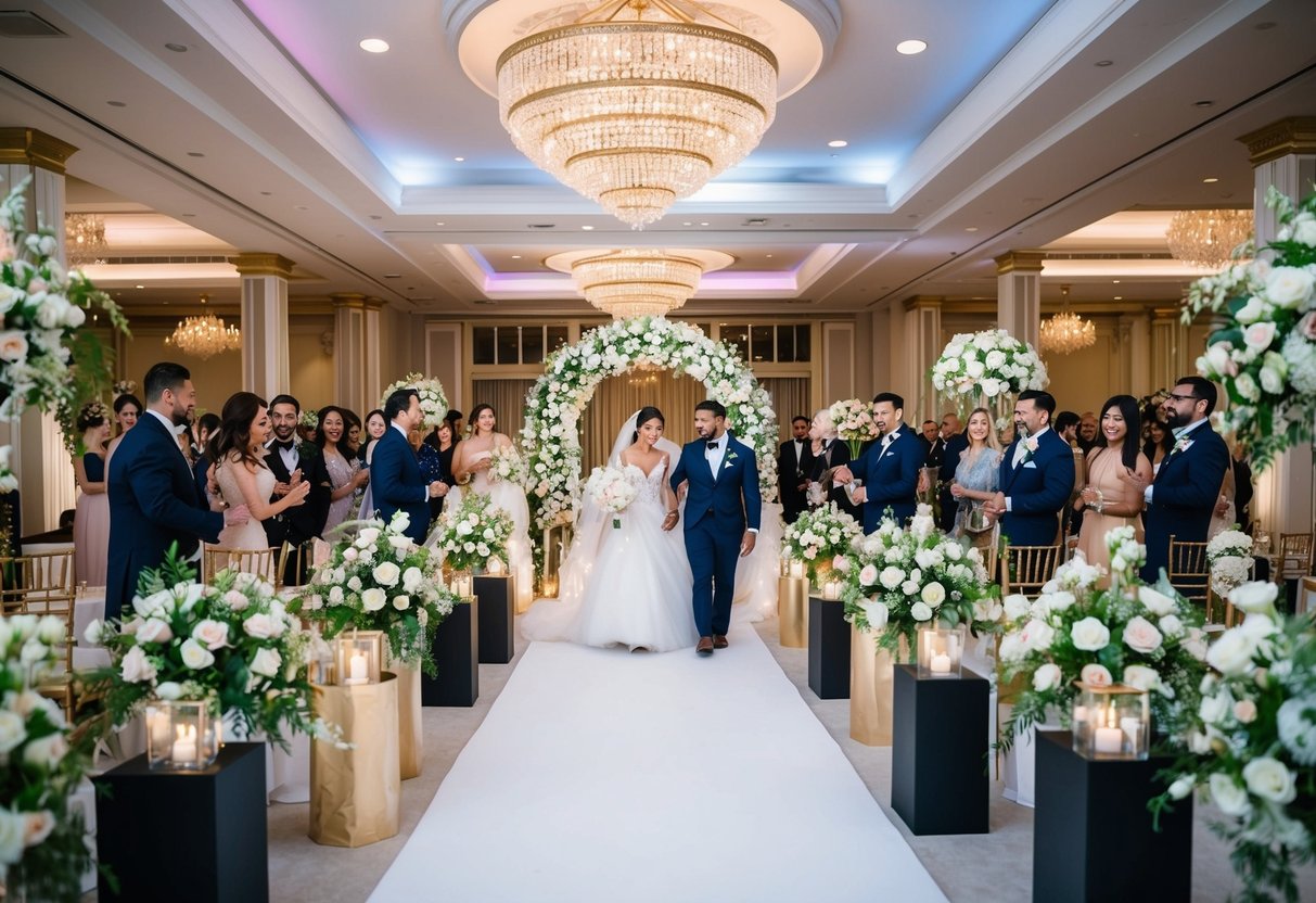 A lavish wedding venue with elegant decor and blooming flowers, surrounded by bustling vendors and excited couples