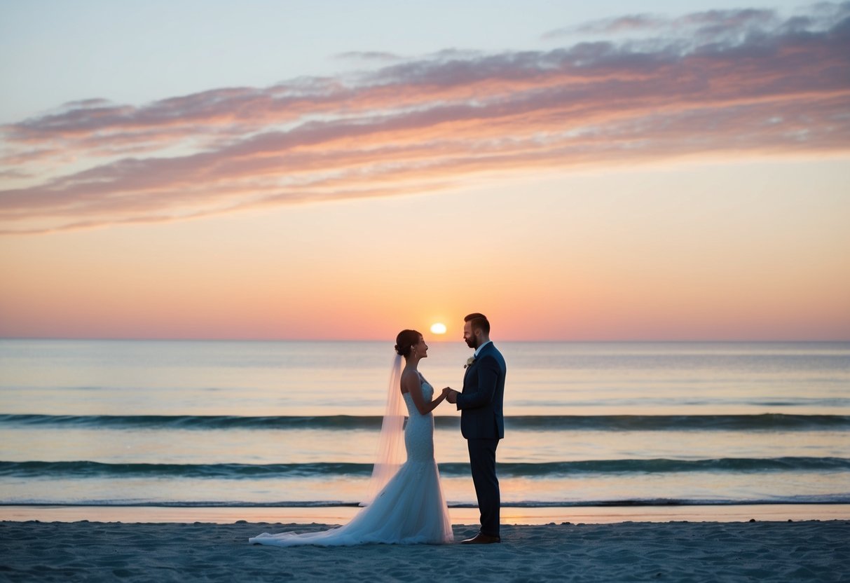 A serene, empty beach at sunset, with a lone couple exchanging vows under a colorful sky