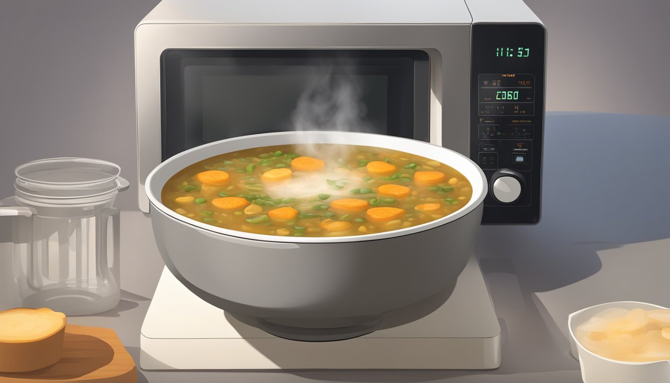 A bowl of French lentil soup rotates inside a microwave, steam rising from the surface as it reheats