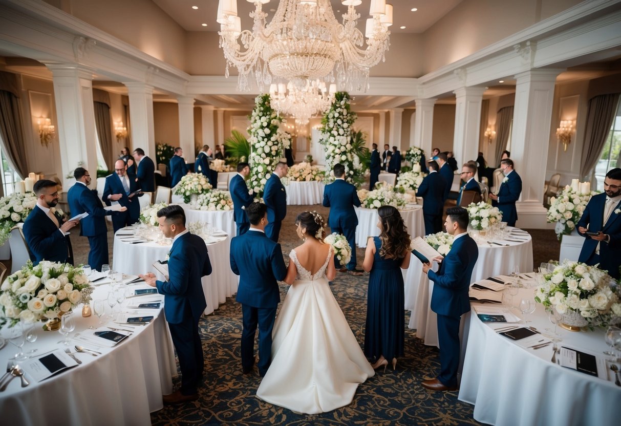 A lavish wedding venue with elegant decor and flowers, surrounded by bustling vendors and couples discussing prices