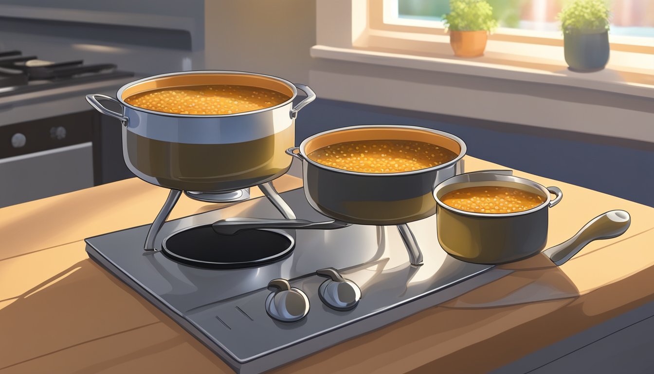 A pot of french lentil soup placed on a stovetop, with a ladle resting on the side. A glowing oven in the background