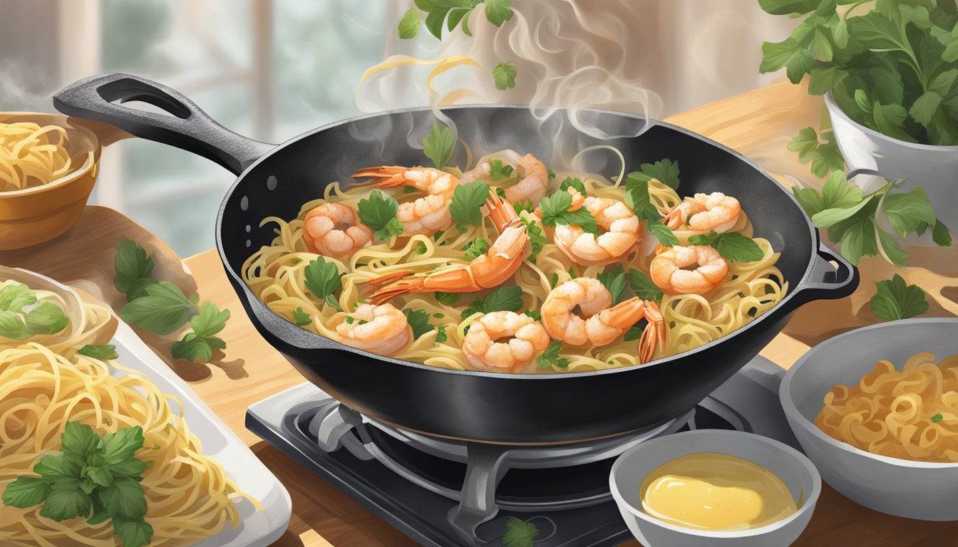 A steaming skillet sizzles with reheated garlic butter shrimp being tossed with pasta and fresh herbs