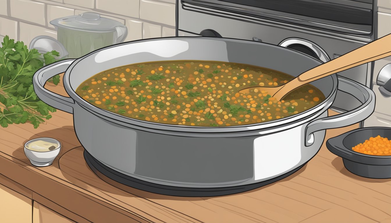 A pot of french lentil soup being reheated on a stovetop, with a wooden spoon stirring in additional seasoning and herbs to enhance the flavor