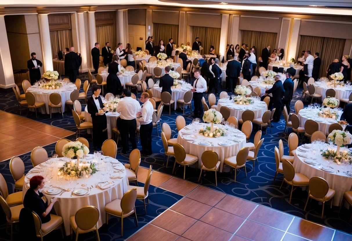 A beautifully decorated banquet hall with round tables, elegant centerpieces, and a dance floor. Waitstaff serve food and drinks while guests socialize and celebrate