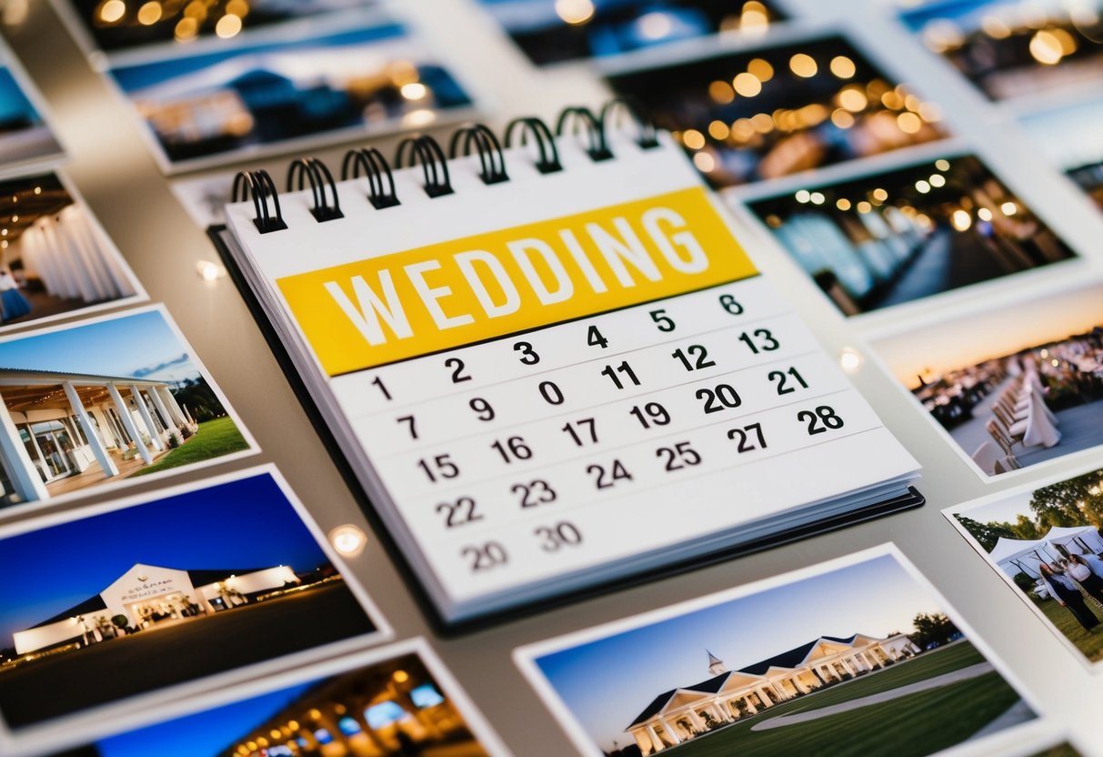 A calendar with highlighted dates for weddings, surrounded by images of various venues and vendors