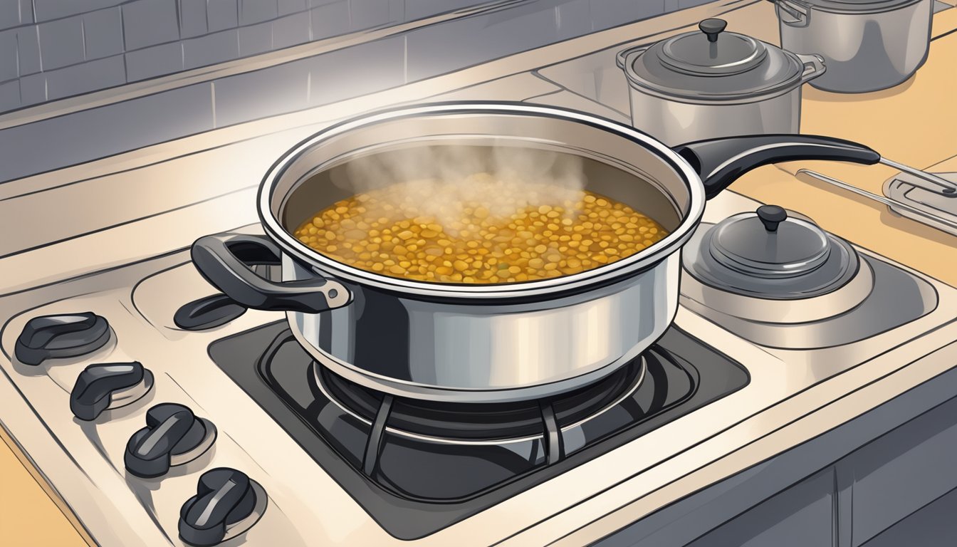 A pot of french lentil soup being reheated on a stovetop, with a lid on top and steam rising from the pot