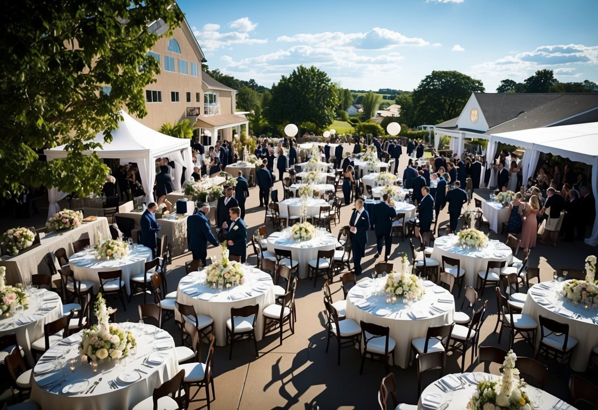 A bustling wedding venue on a sunny Saturday, with vendors setting up and guests arriving. Tables are adorned with elaborate centerpieces and the air is filled with excitement
