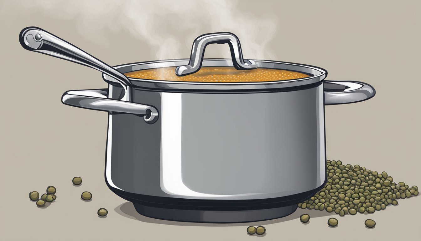 A pot of French lentil soup sits on a stovetop, steam rising as it simmers. A ladle rests on the edge of the pot