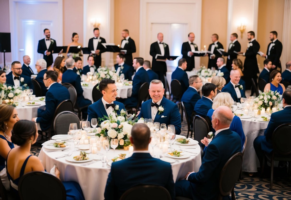 Guests seated at round tables, adorned with elegant centerpieces, as waitstaff serve a multi-course meal. A band plays soft music in the background, while the bride and groom make their entrance