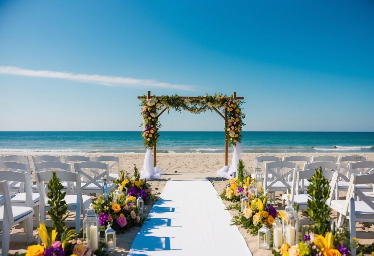 A sunny beach wedding on July 7th, 2024, with a clear blue sky and a gentle breeze, surrounded by vibrant flowers and lush greenery