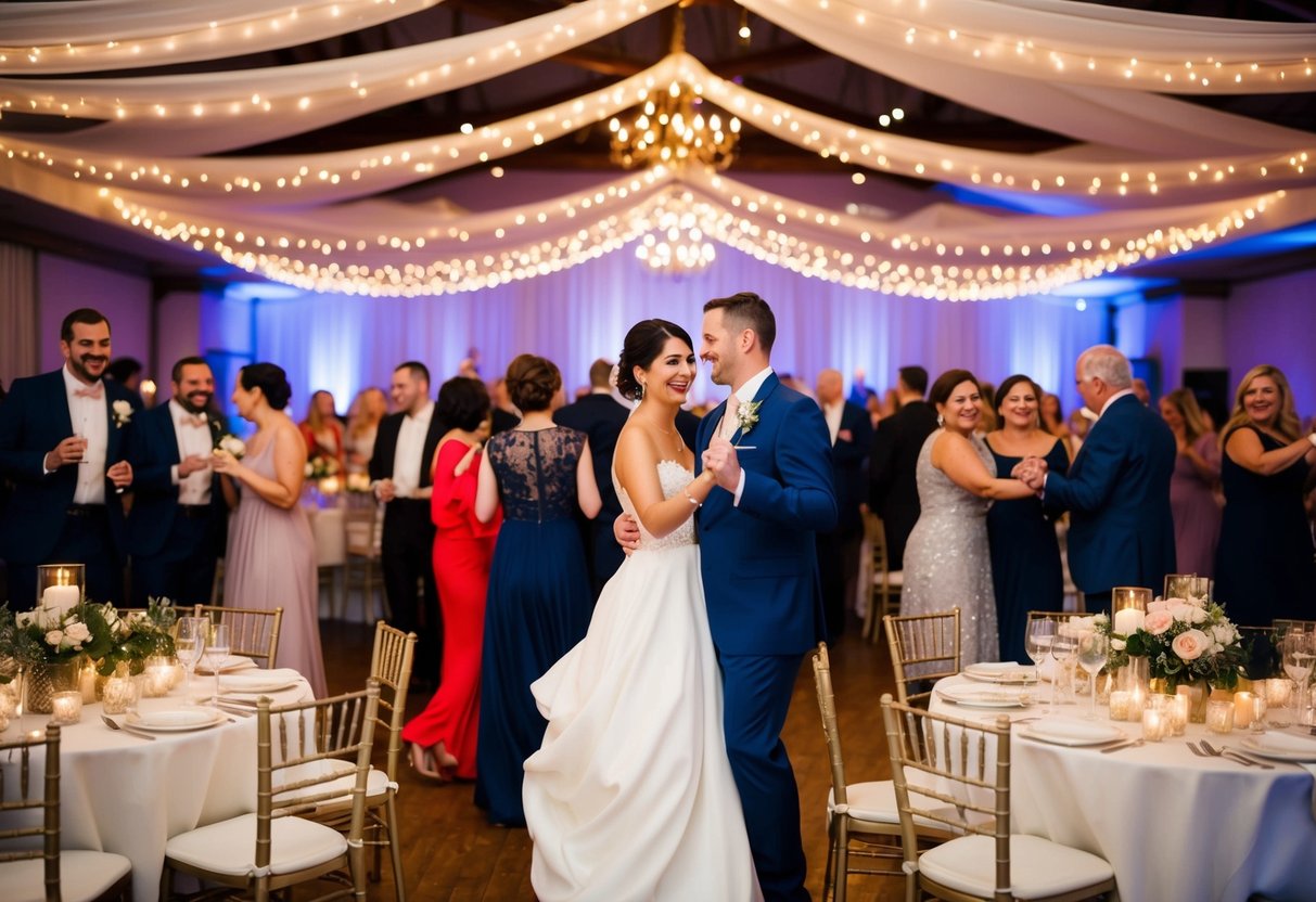 Guests twirl under twinkling lights at a wedding reception, surrounded by tables adorned with flowers and candles. The band plays lively music as everyone dances the night away