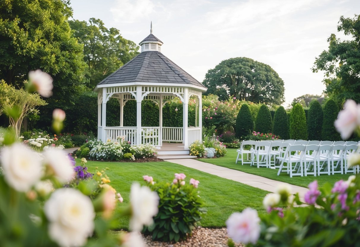 A serene outdoor garden with blooming flowers and a charming gazebo, set up for a wedding ceremony in six months