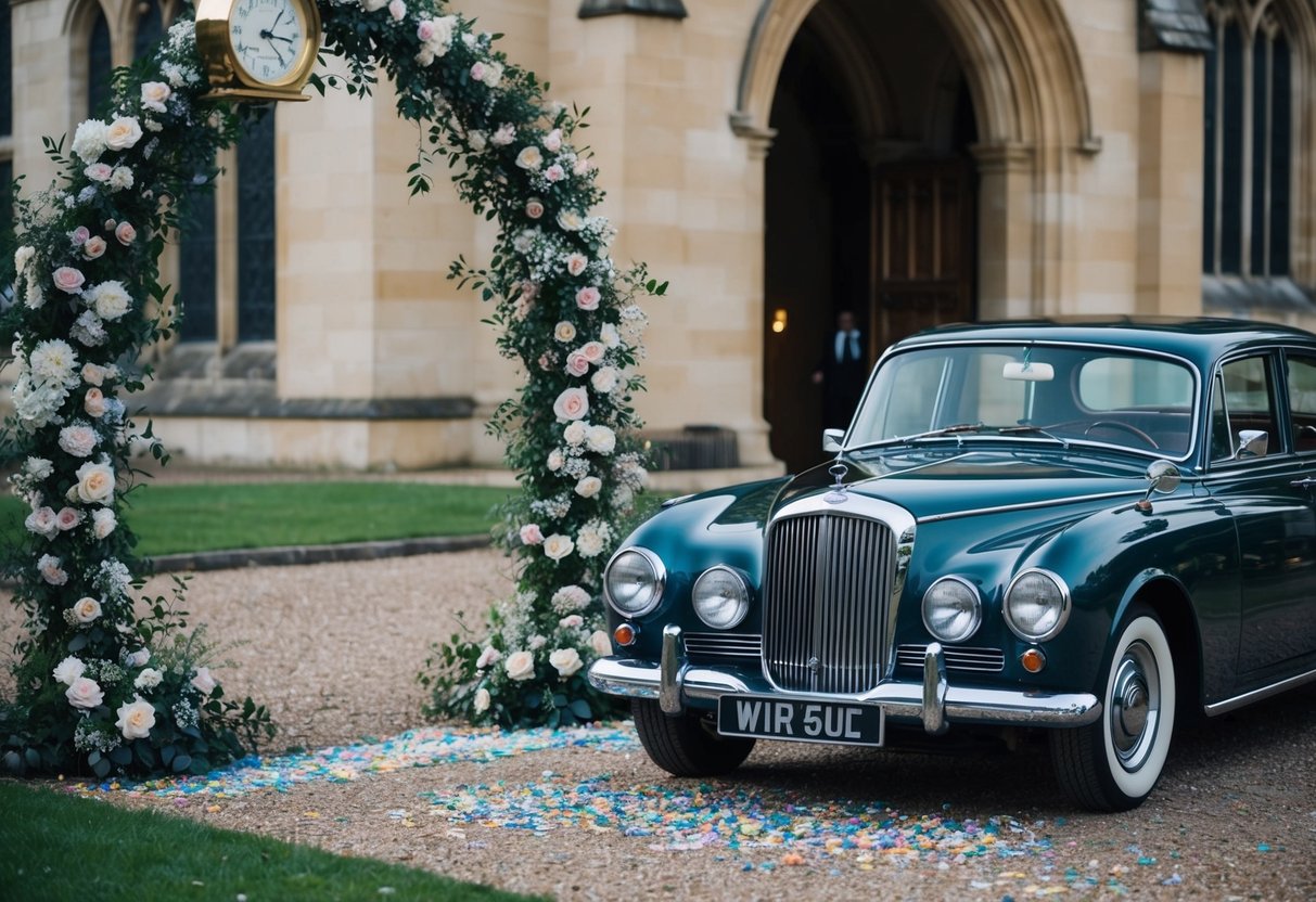 A church clock striking twelve. A floral archway and scattered confetti. A vintage car parked outside a stately building