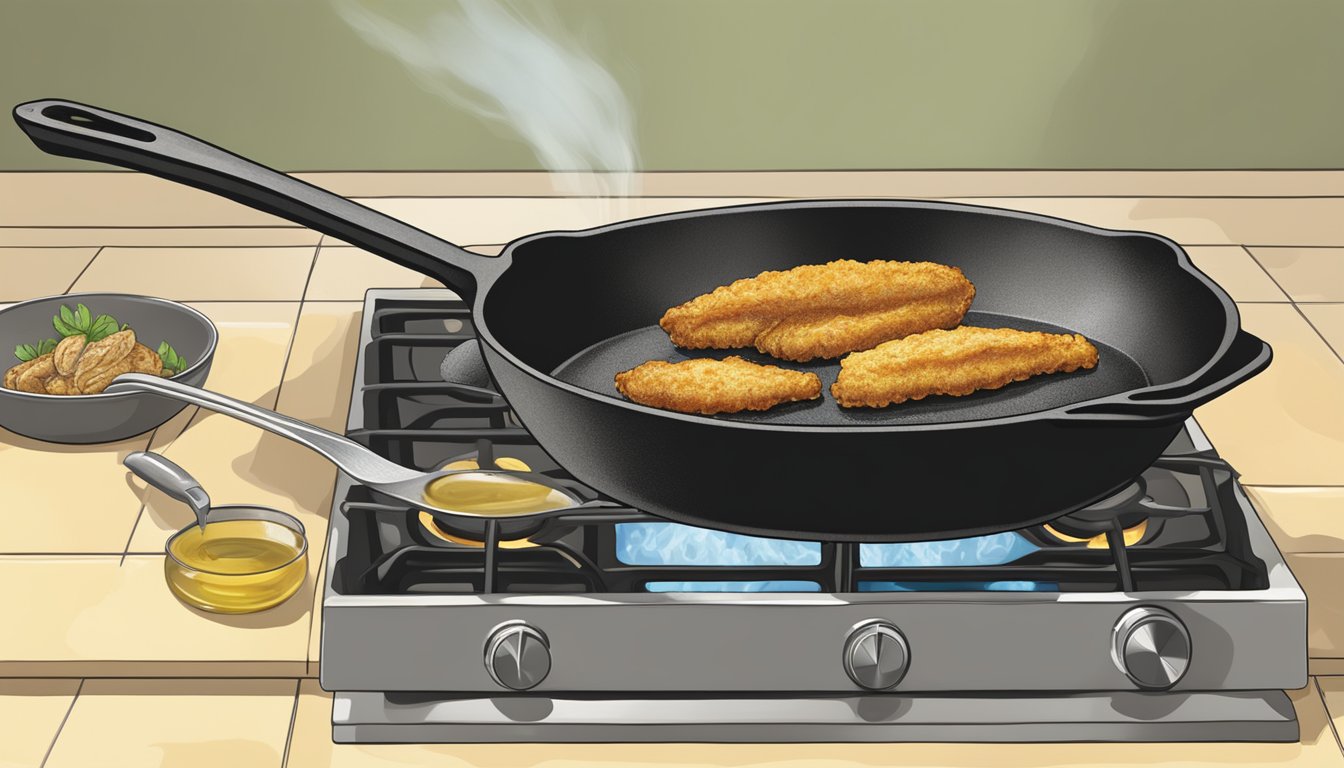 A cast iron skillet on a gas stovetop, with sizzling oil and a golden-brown piece of fried catfish being flipped with a spatula