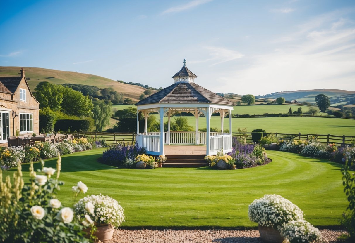 A beautiful countryside wedding venue in the UK, with a picturesque gazebo and flower-filled gardens, set against a backdrop of rolling hills and a clear blue sky