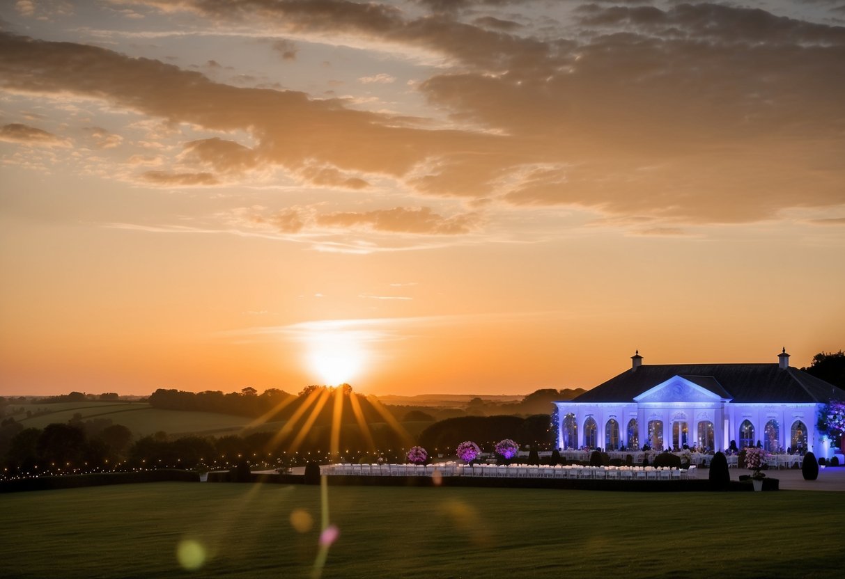 The sun sets over a picturesque countryside setting, with a grand and elegant venue in the background, adorned with twinkling lights and floral decorations