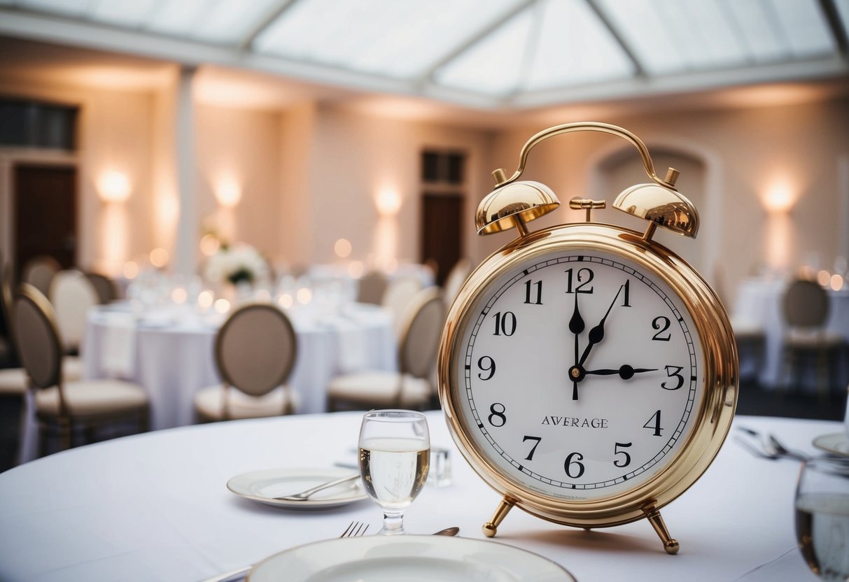 A beautiful wedding venue with a clock showing the average UK wedding time