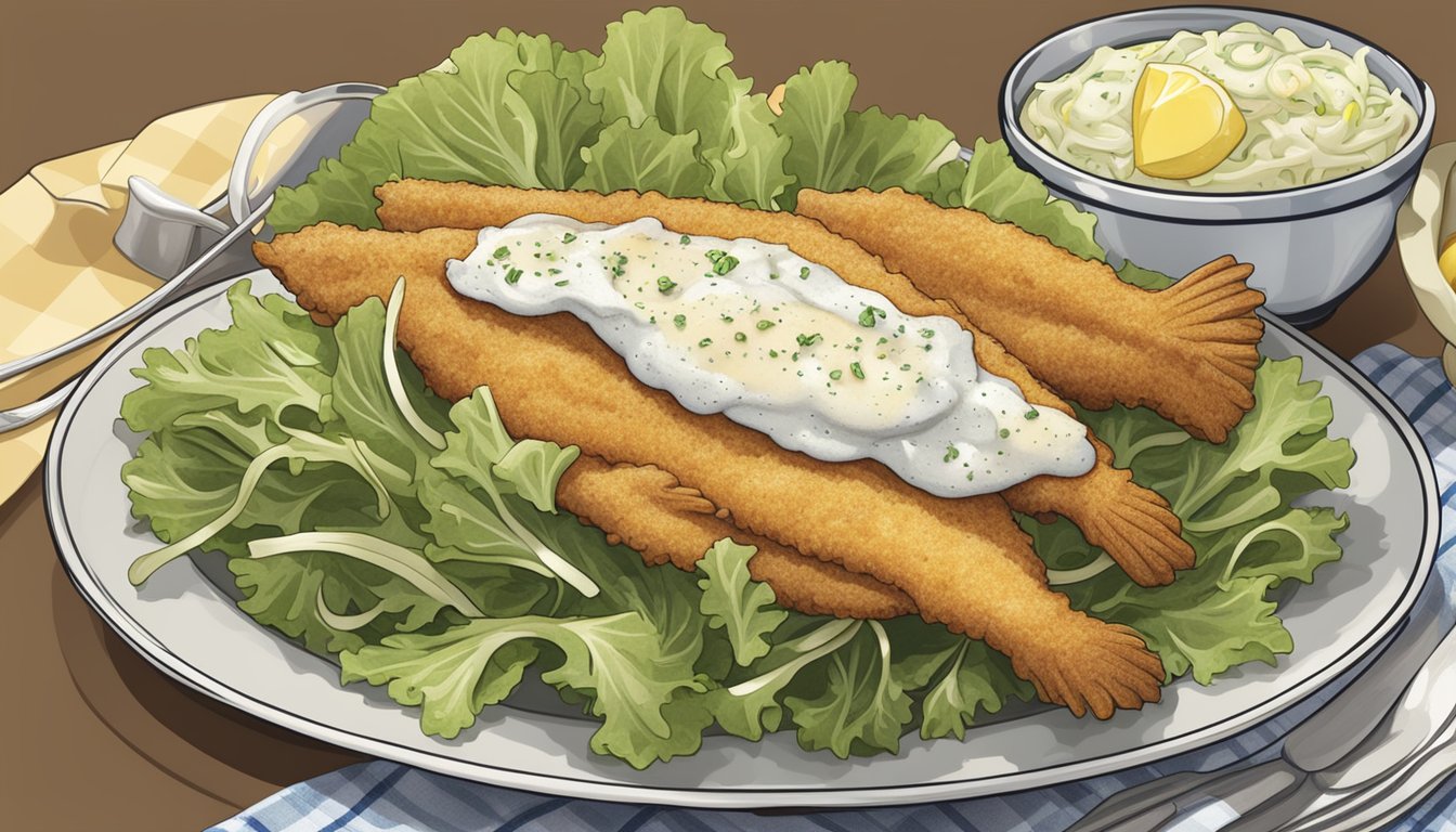 A plate of fried catfish on a bed of lettuce, with a side of lemon wedges and tartar sauce, next to a bowl of coleslaw