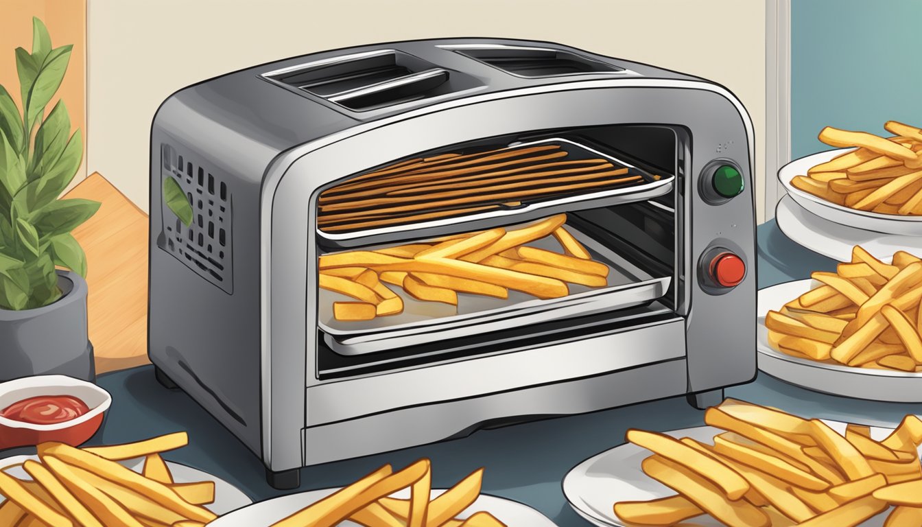 A plate of french fries being reheated in a toaster oven