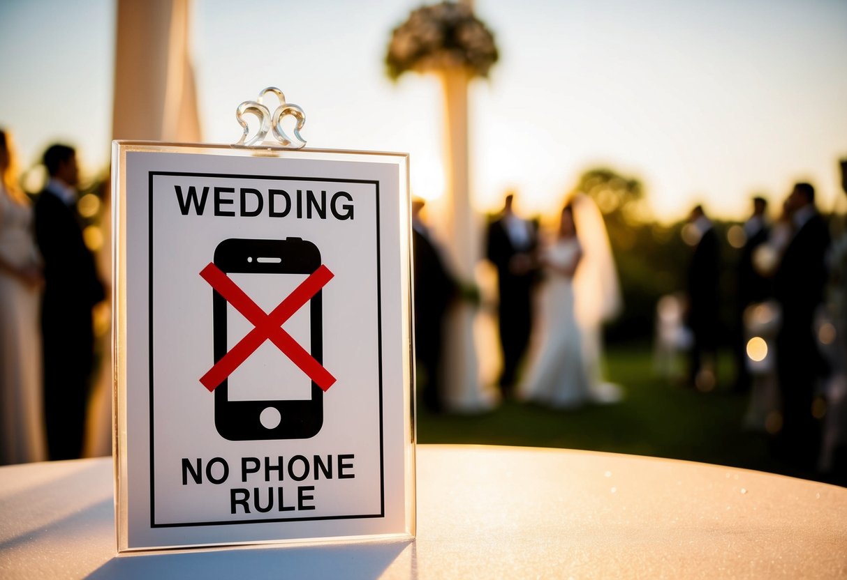 A wedding scene with a sign depicting a phone with a red X over it, indicating a no phone rule