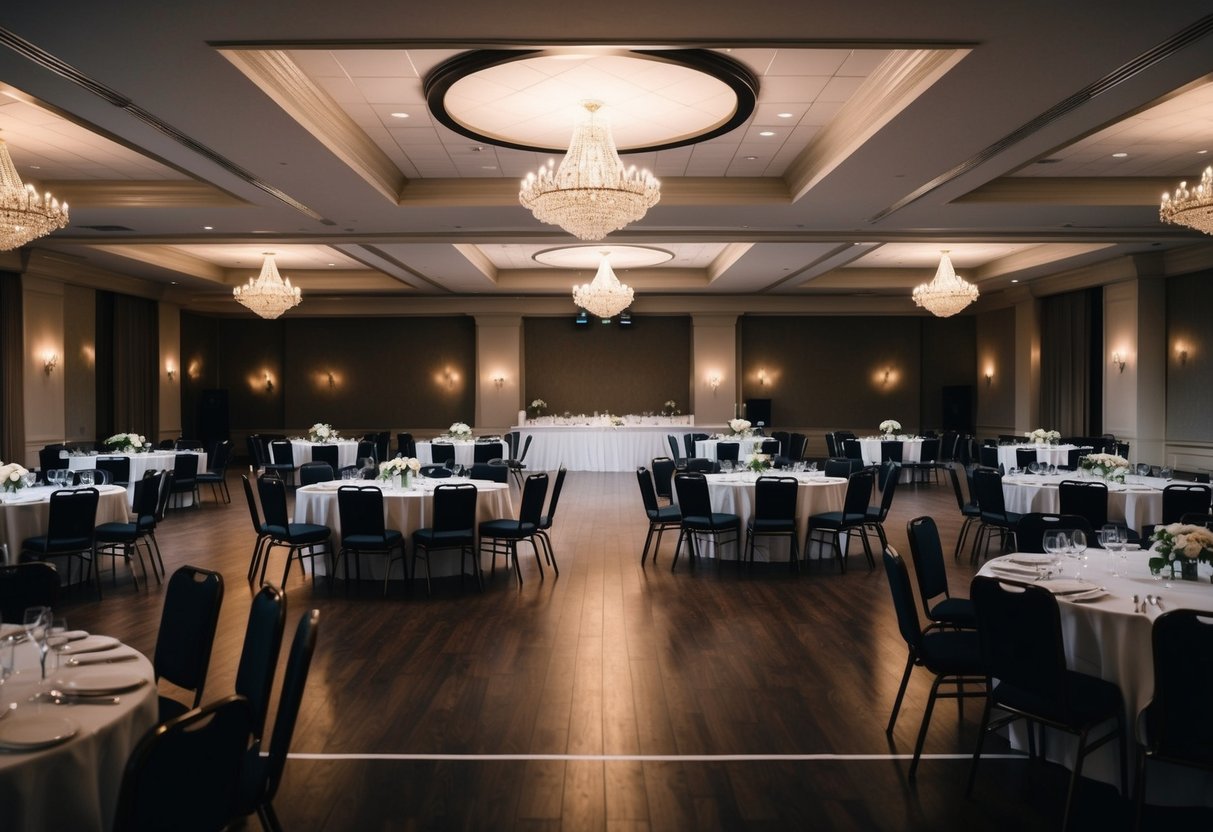 A banquet hall with empty tables and chairs, dimmed lights, and a dance floor