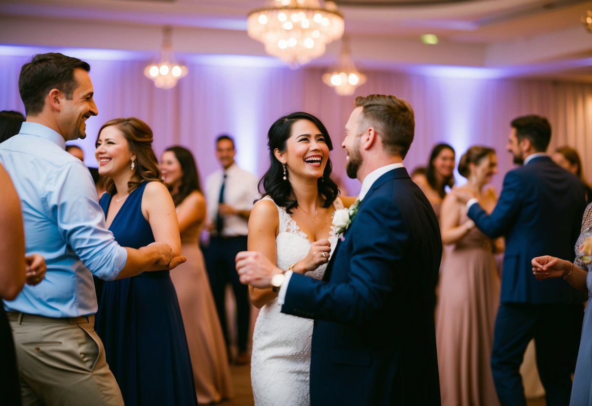 Guests laughing, dancing, and engaging in conversation without distractions. A serene and intimate atmosphere, with people fully present in the moment
