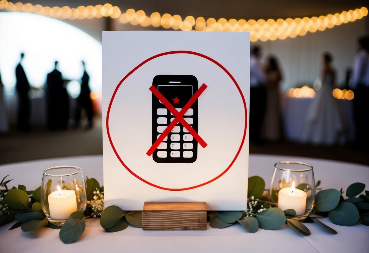 A wedding reception with a sign showing a phone with a red X over it, surrounded by a circle with a line through it