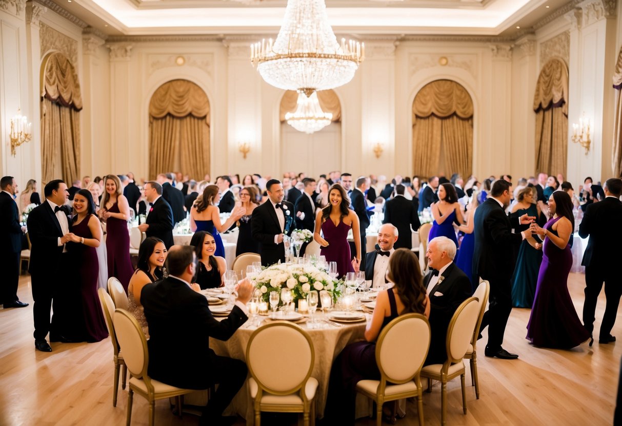 A grand ballroom with elegant decor and a lavish banquet table, surrounded by happy guests mingling and dancing under twinkling lights
