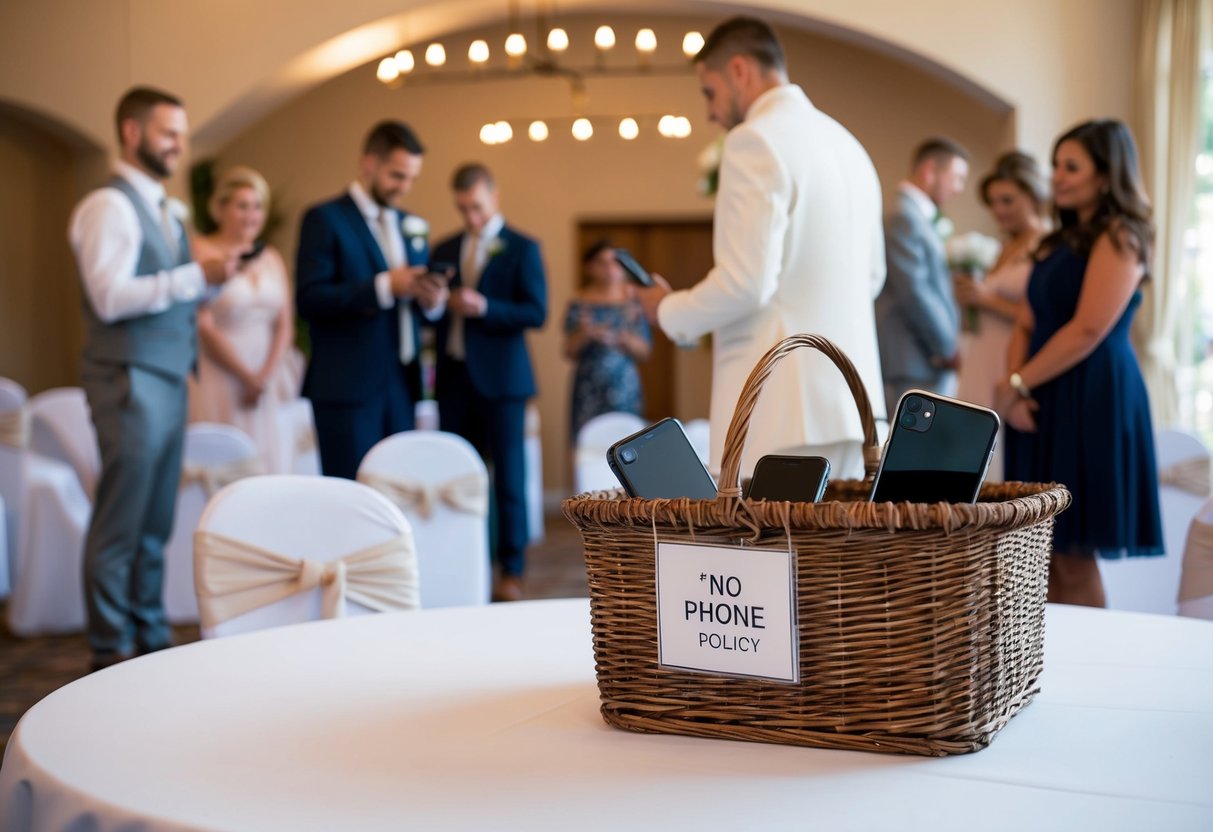 Guests placing their phones in a designated basket before entering a wedding venue, with a sign indicating a "no phone" policy