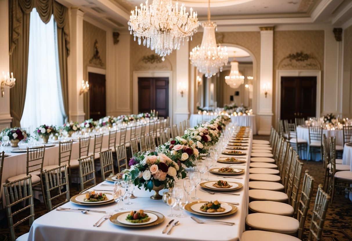 A grand ballroom with elegant decor, chandeliers, and a long banquet table filled with decadent food and floral centerpieces