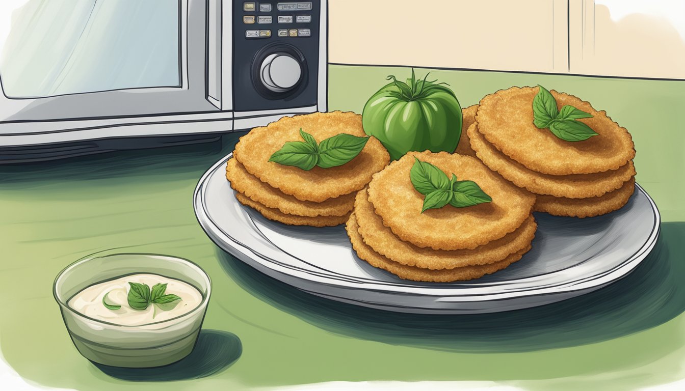 Fried green tomatoes arranged on a plate with a microwave in the background