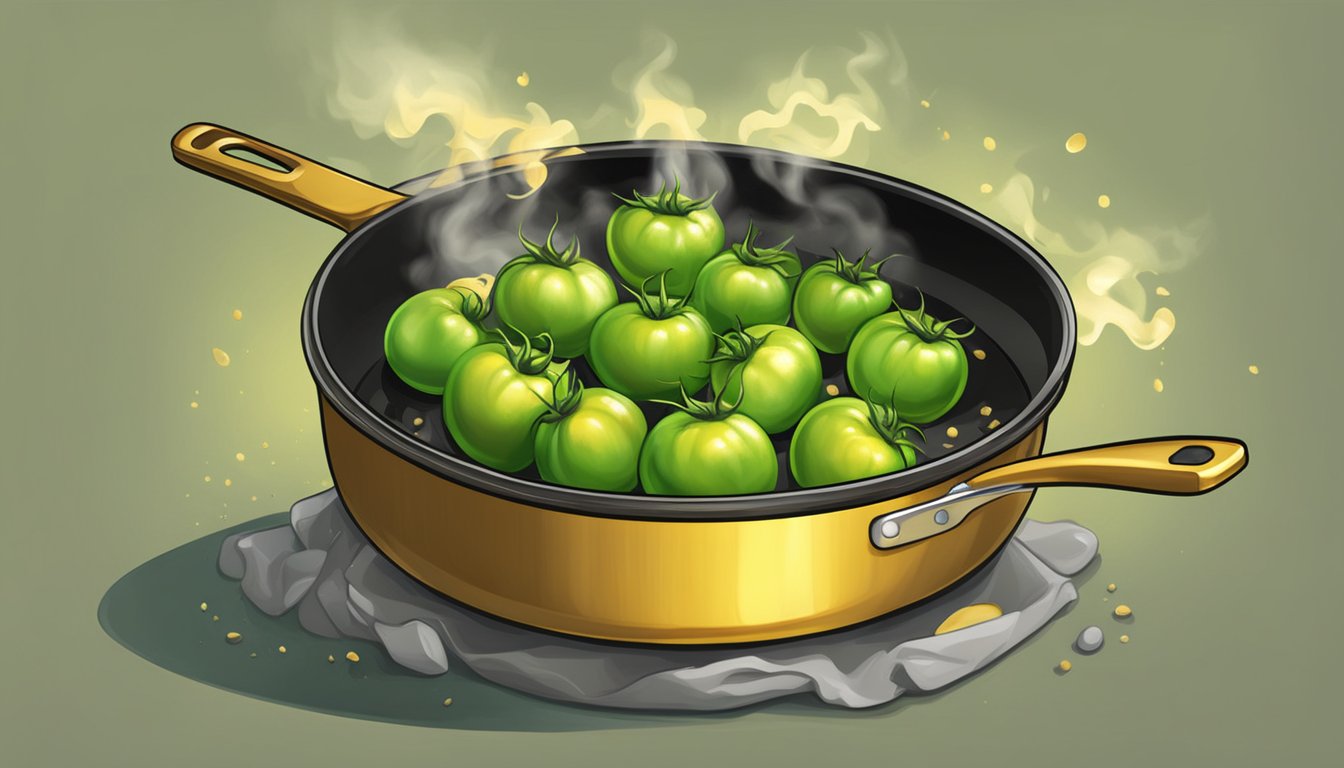 Sizzling green tomatoes in a hot skillet, steam rising. A spatula flips them over, golden and crispy