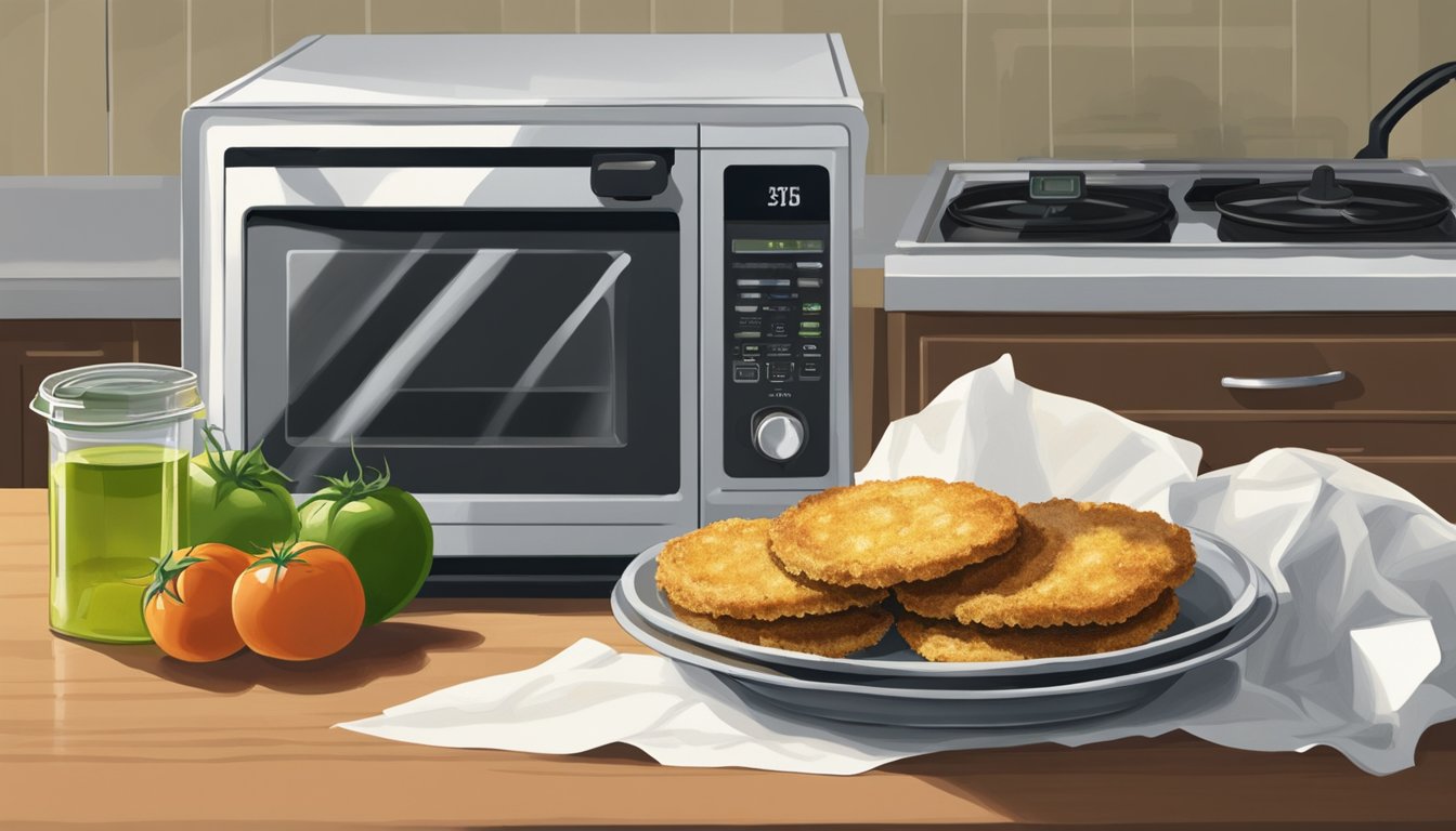 A plate of fried green tomatoes sits on a kitchen counter, covered with a paper towel to absorb excess oil. A microwave and a skillet are nearby, ready for reheating