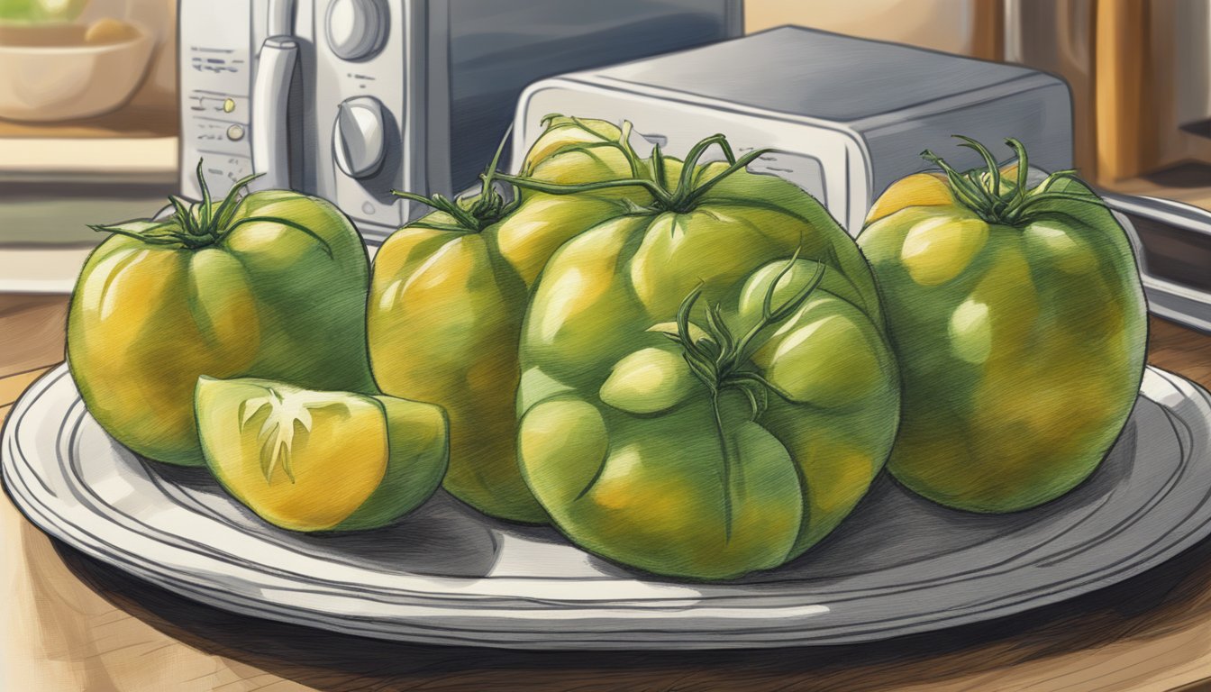 A plate of fried green tomatoes sits on a paper towel-lined tray, with a microwave in the background