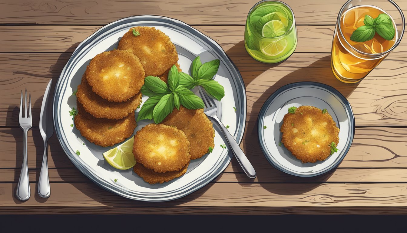 A plate of reheated fried green tomatoes with a side of fresh herbs and a glass of iced tea on a rustic wooden table